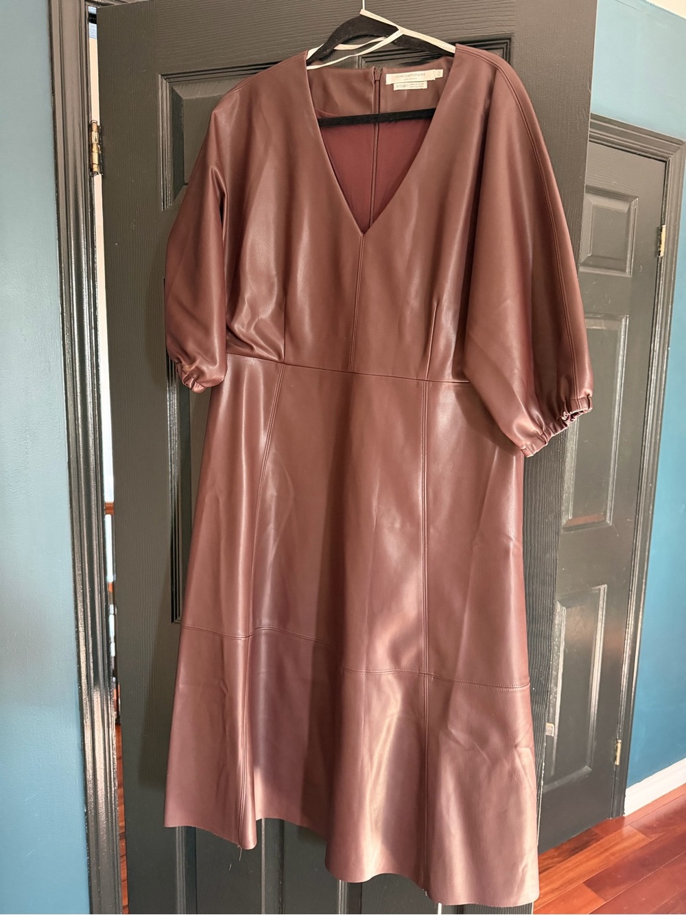 Simons Brown Faux Leather V-Neck Midi Dress